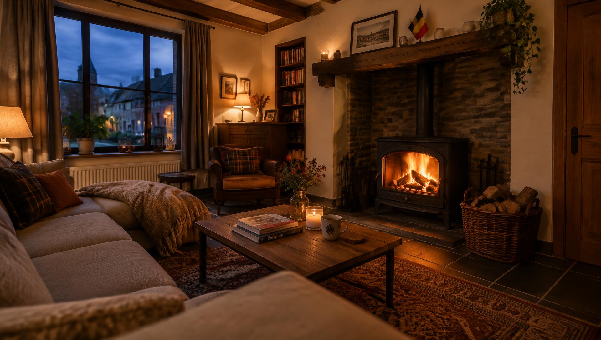 Sfeervolle houtkachel in een woonkamer